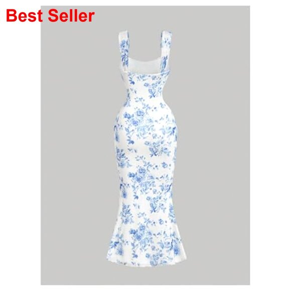 Floral Ruched Midi Dress, Sleeveless Formal Cocktail Party Wedding Guest - Picture 2 of 4